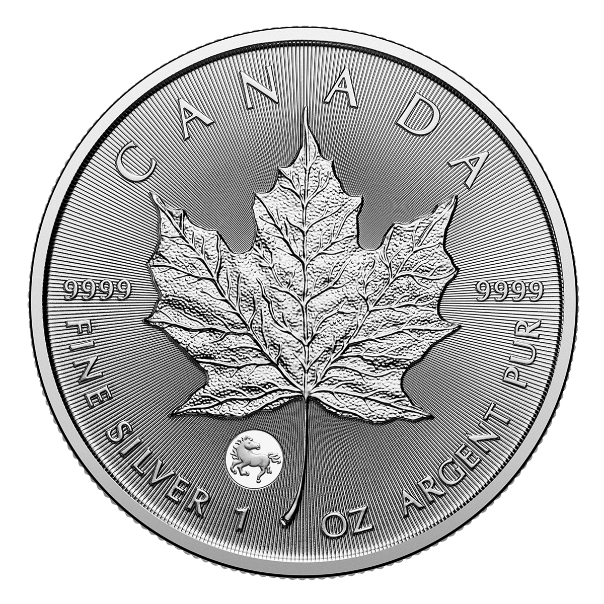 2026년 소중한 실버 메이플 리프: 말의 해 프라이비 마크 - 1온스 99.99% 순은 동전 (프리미엄 불리언)