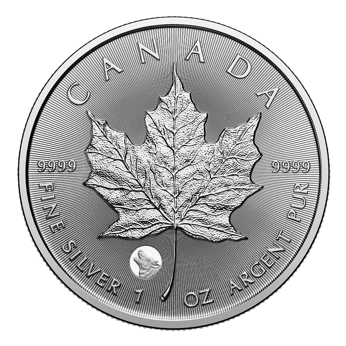 2026년 소중한 은 메이플 리프: 늑대 프리비 마크 - 1온스 99.99% 순은 동전 (프리미엄 불리언)