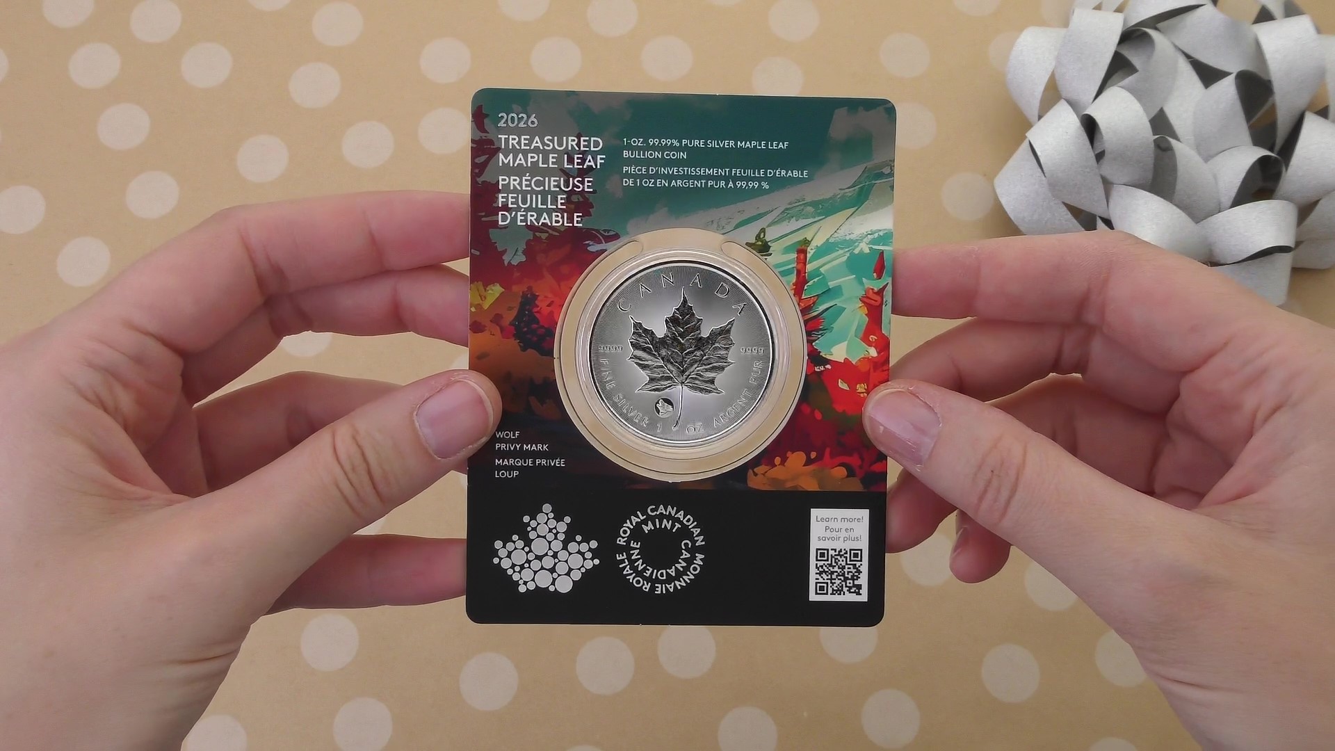 2026년 소중한 은 메이플 리프: 늑대 프리비 마크 - 1온스 99.99% 순은 동전 (프리미엄 불리언)